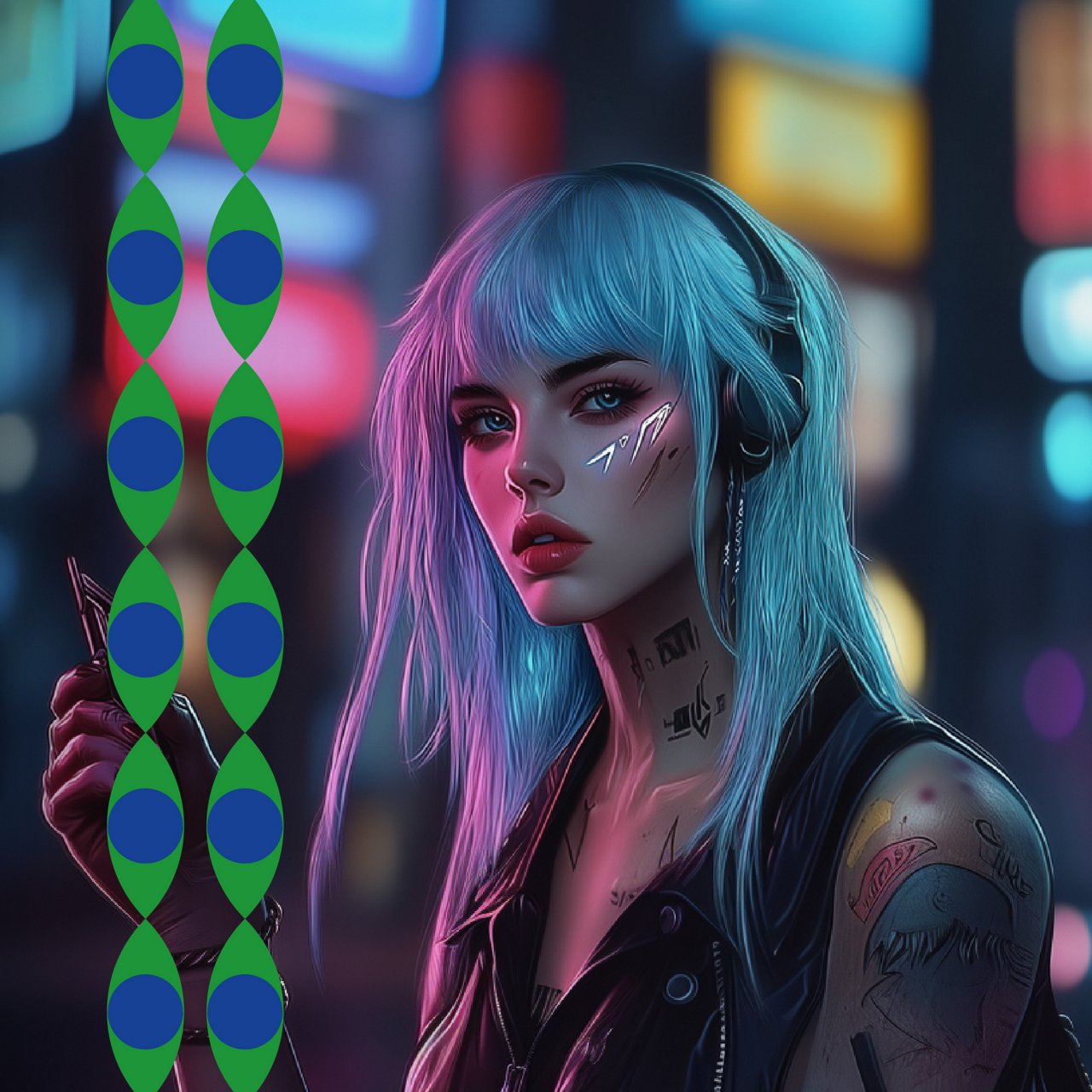 Illustration of a young woman with long, light blue hair and futuristic tattoos on her face and body. She wears a black leather outfit, headphones, and holds a small electronic device in her hand. The background features a nighttime futuristic city with colorful, glowing billboards and a blurred effect.