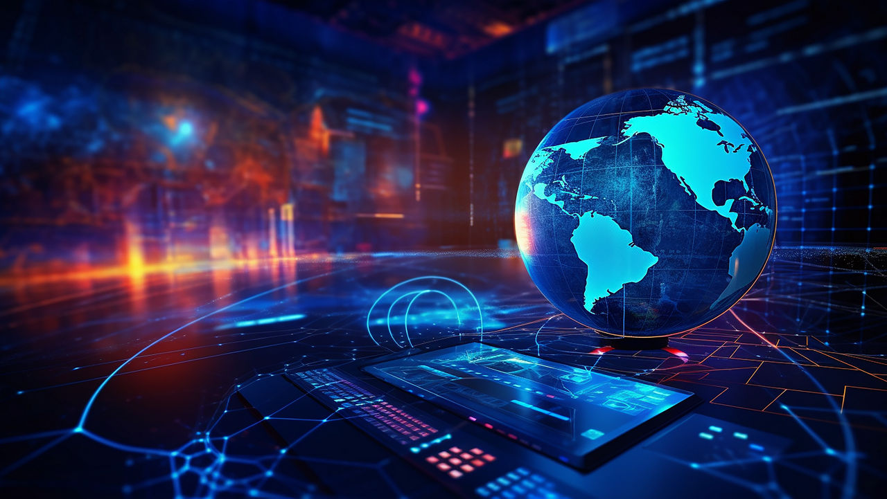 This image shows a futuristic digital environment with a glowing blue globe floating on a state-of-the-art holographic user interface, surrounded by abstract, networked data structures in shades of blue and orange.