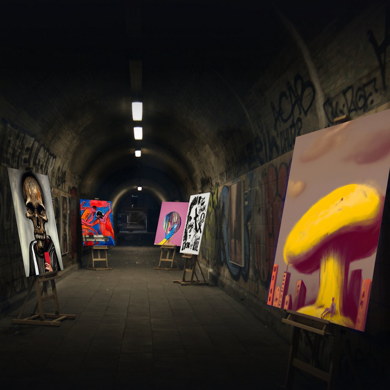 Hinz&Kunzt - The Homeless Gallery - Artworks generated by artificial intelligence placed as an exhibition under a bridge